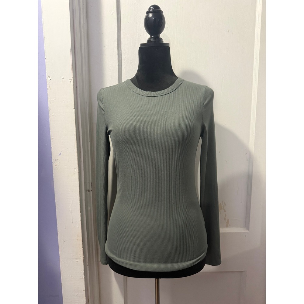 No Boundaries Green Ribbed Long Sleeve Top Crew Neck Shirt Women Medium M